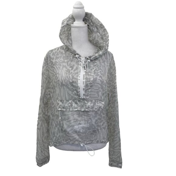 Good American Leopard Animal Print Cropped Windbreaker Hoodie Packable sz Large - Picture 1 of 12